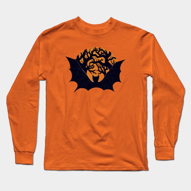 Spooktacular Black And Orange Halloween Vampire Bat Sunset Long Sleeve T-Shirt by ZAZIZU